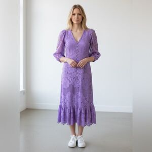 Mr. Larkin Penny Dress Lace Purple Long Sleeve Midi Ruffle Hem Size M